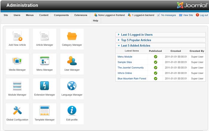 Control Panel of Joomla 1.6.1